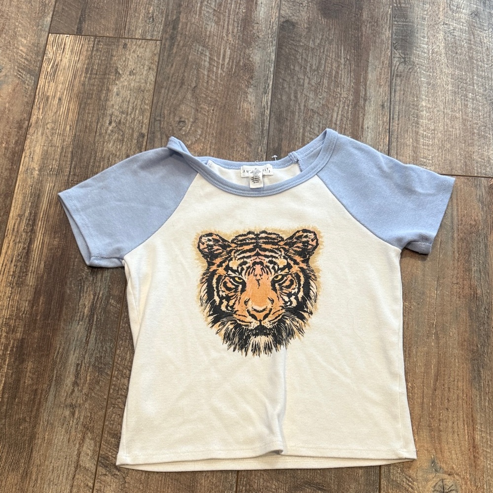 Full Tilt White Tee with Light Blue Raglan Sleeves and Tiger Graphic